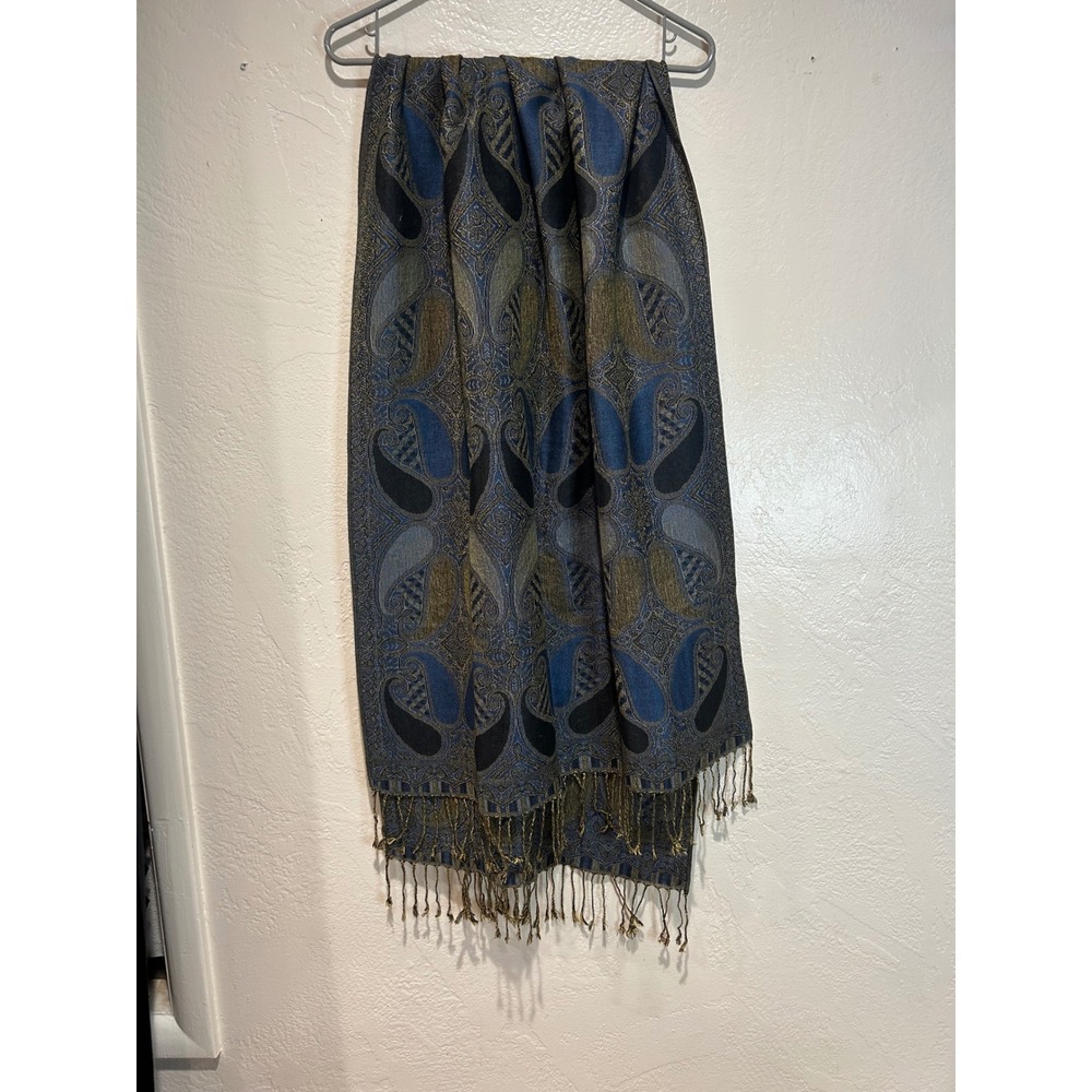 Pashmina Paisley‎ Shawl Scarf Blue Gold Black Fringe Tassel Wrap Bohemian